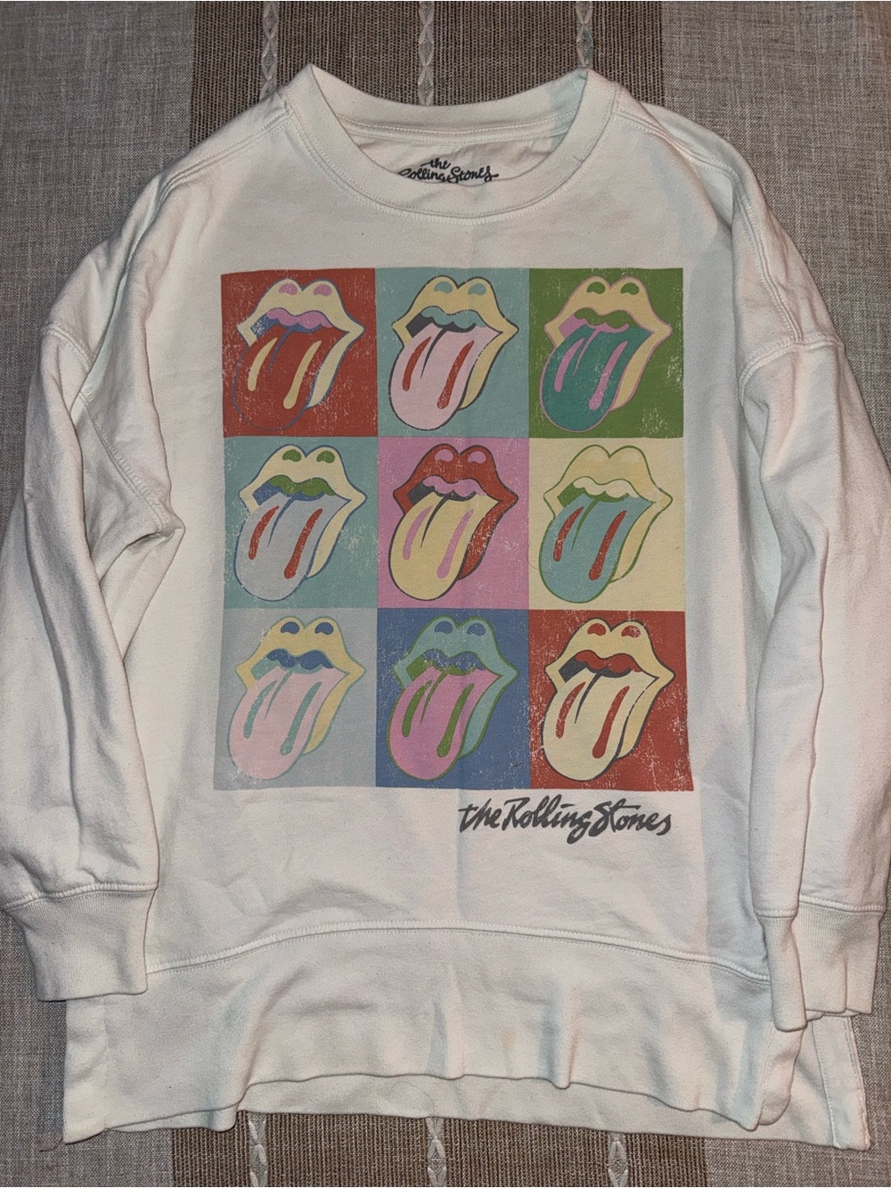 the Rolling Stones White Crewneck with Multicolor Pop-Tongue Grid